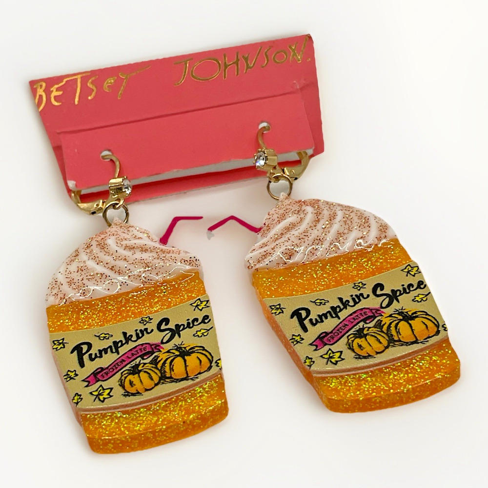 Betsey Johnson Pumpkin Spice Latte Drop Statement Earrings Goldtone - NWT